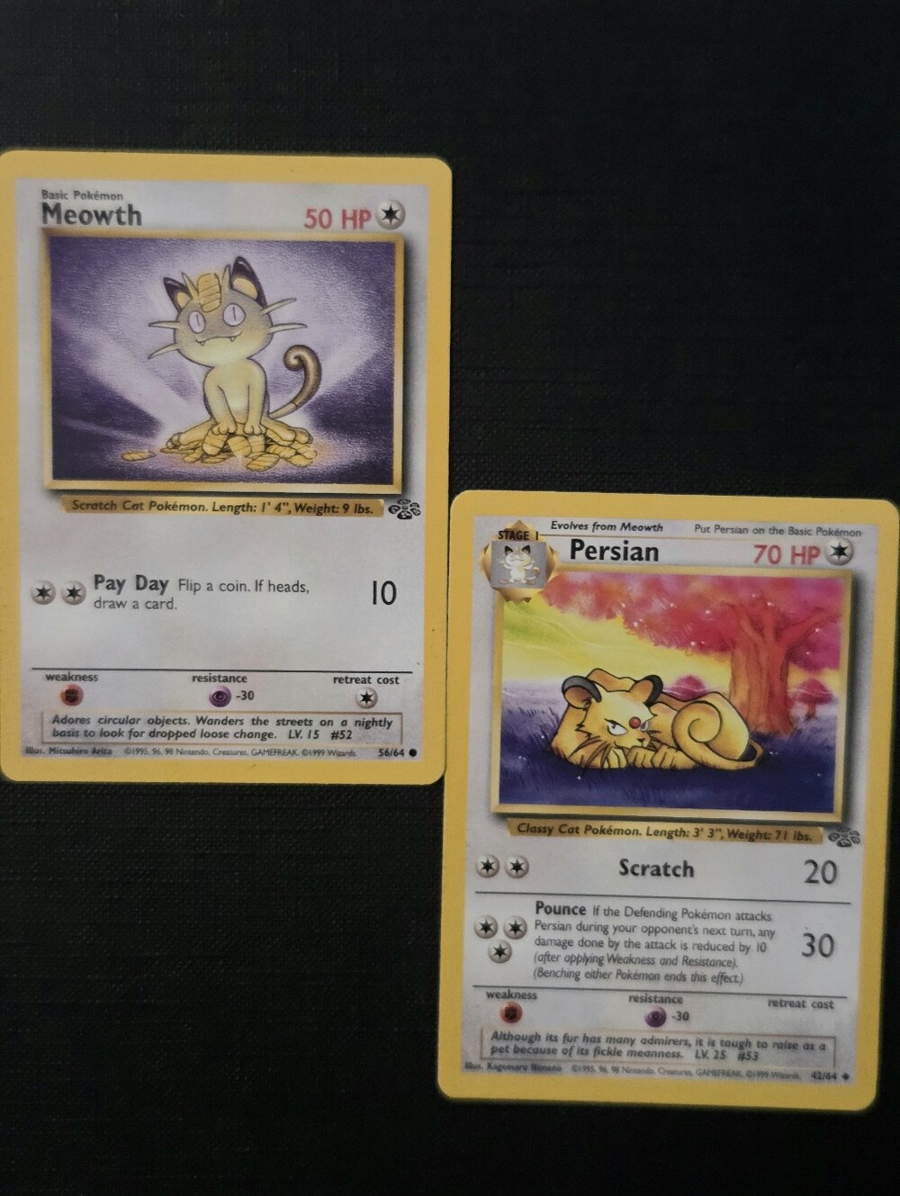 Pokemon Jungle Set 1999: MEOWTH #56 + PERSIAN #42 Trading Cards (Set of 2)